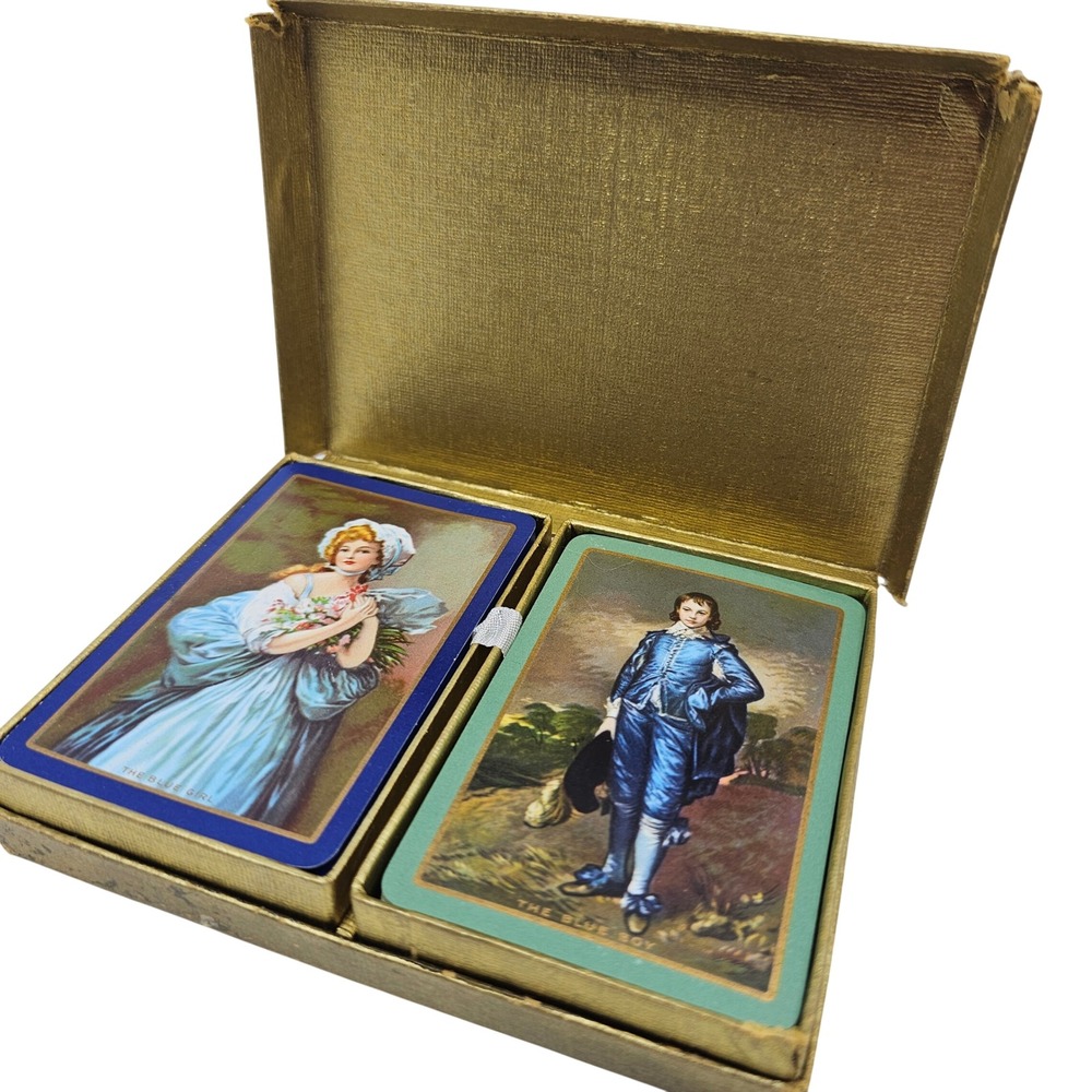 Vintage The Blue Boy and The Blue Girl Playing Cards Set in Gold Box 2 Decks